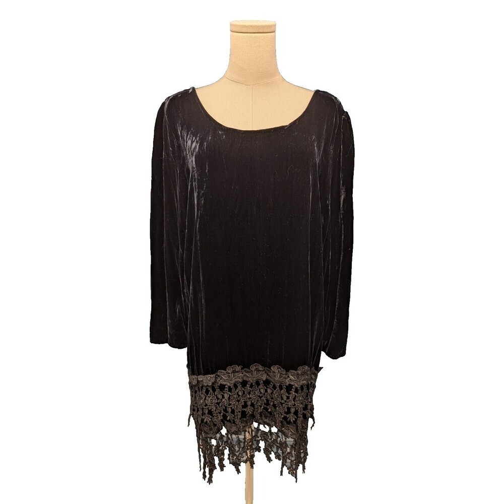 ALEXANDER BROWN LA One Size‎ Top Velvet Scoop Neck Crochet Fringe Hem Vintage